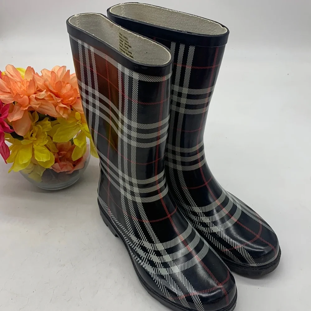 Aqua Stop Nancy Black Red White Plain Rain Boots Size 9 WRB4281G - Picture 1 of 11